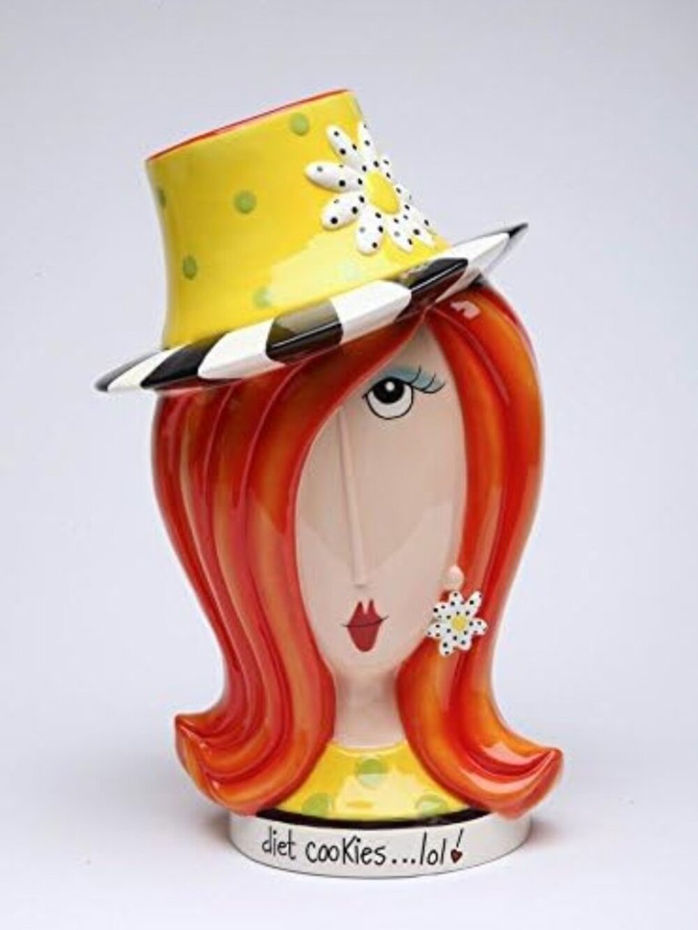 Charming Ceramic Daisy Hat Cookie Jar - Lady with White Daisy Design, 10.875" H